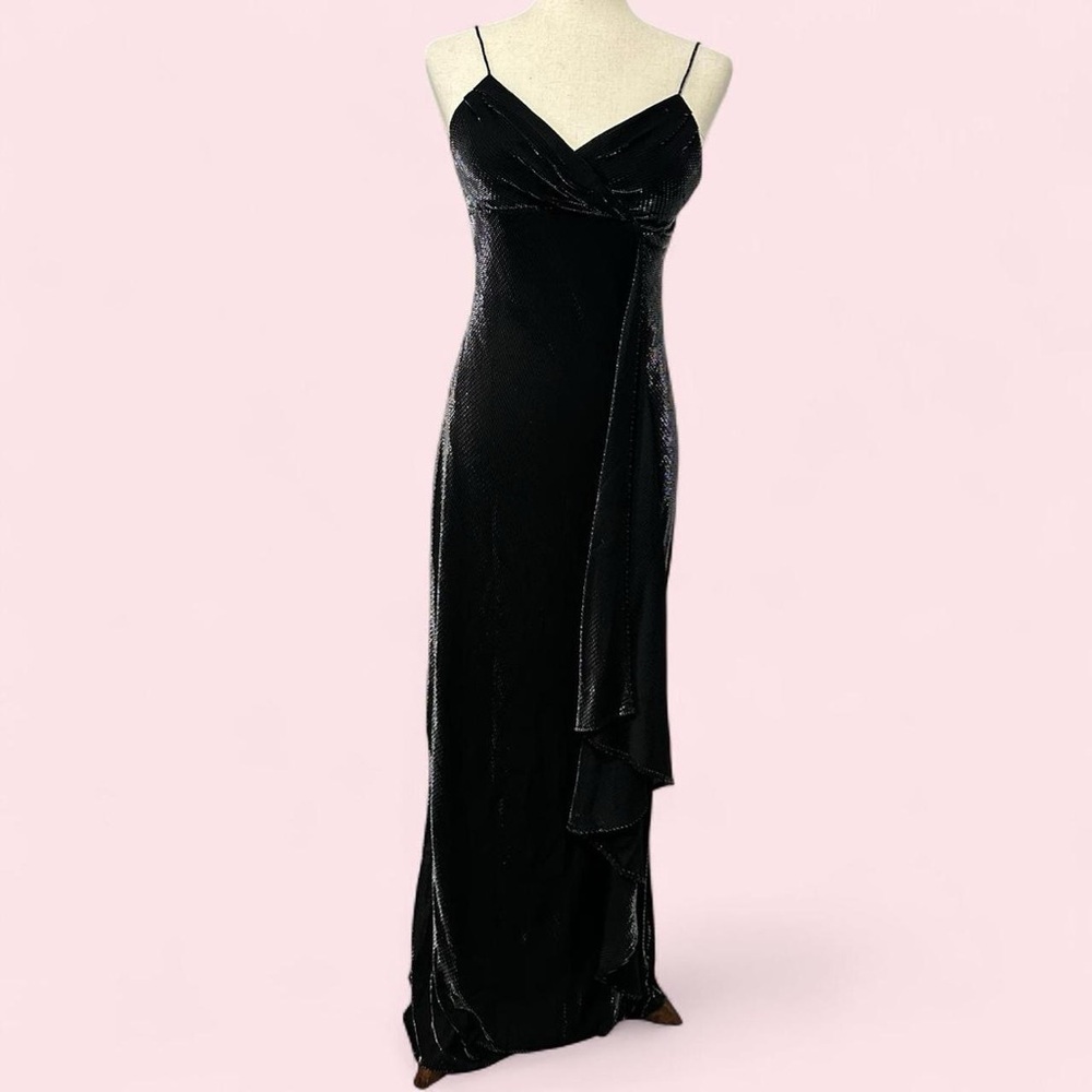 Vintage Silver + Black Cache Shimmery Plunging Maxi Dress Size 6